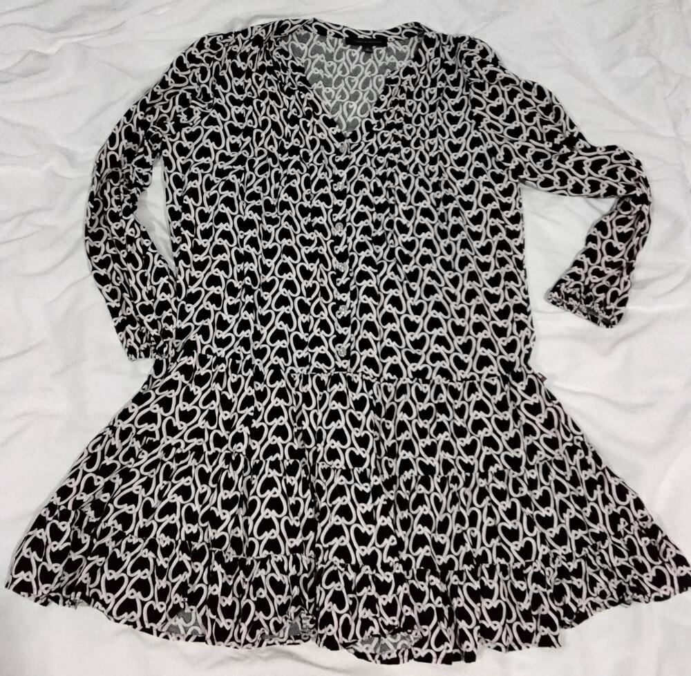 Tommy Hilfiger Heart Print Tiered Dress Women's Medium Navy Pink Button Front